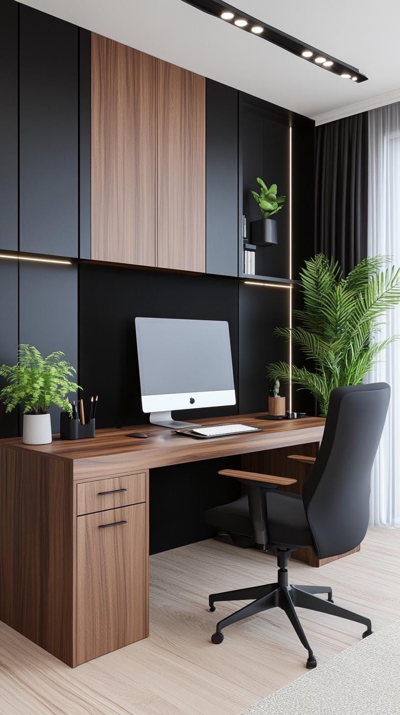 4. Modern Office with Stylish Black and Walnut Decor and Matching Storage Options - photo 2