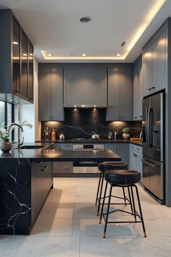 Pairing Gray Cabinets with Black Countertops