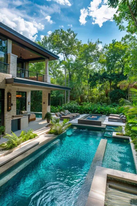 Stylish Fire Pit Lounge by the Modern Poolside Scene