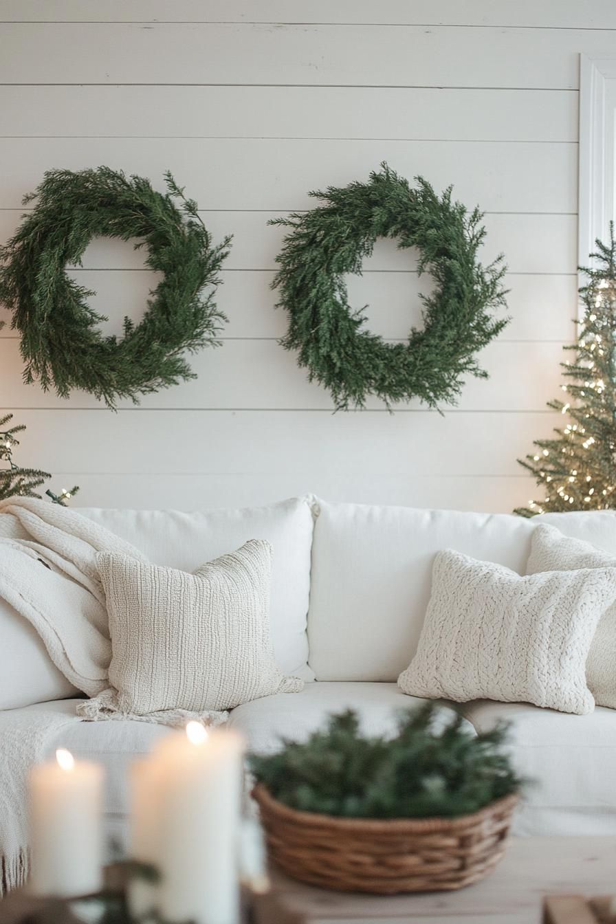 1. Greenery Wreaths with Warm Twinkle Lights