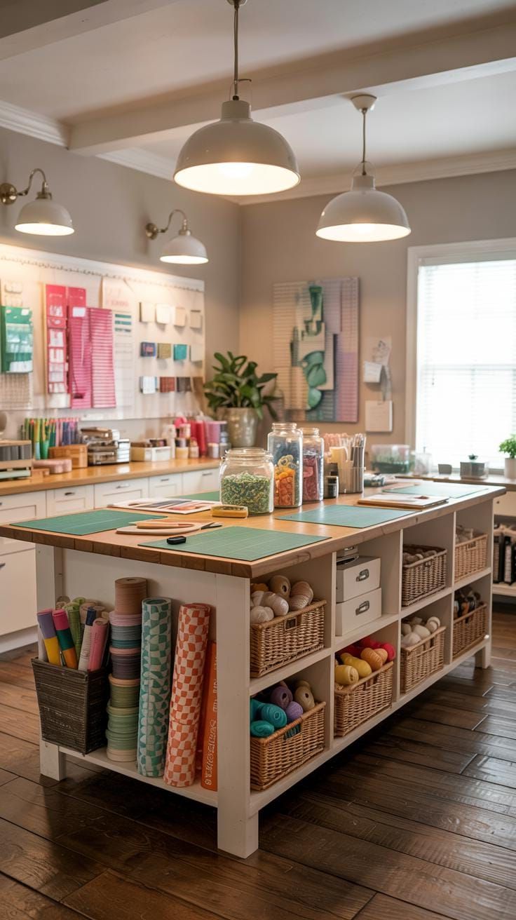 3. Craft Haven With a Center Island and Smart Storage