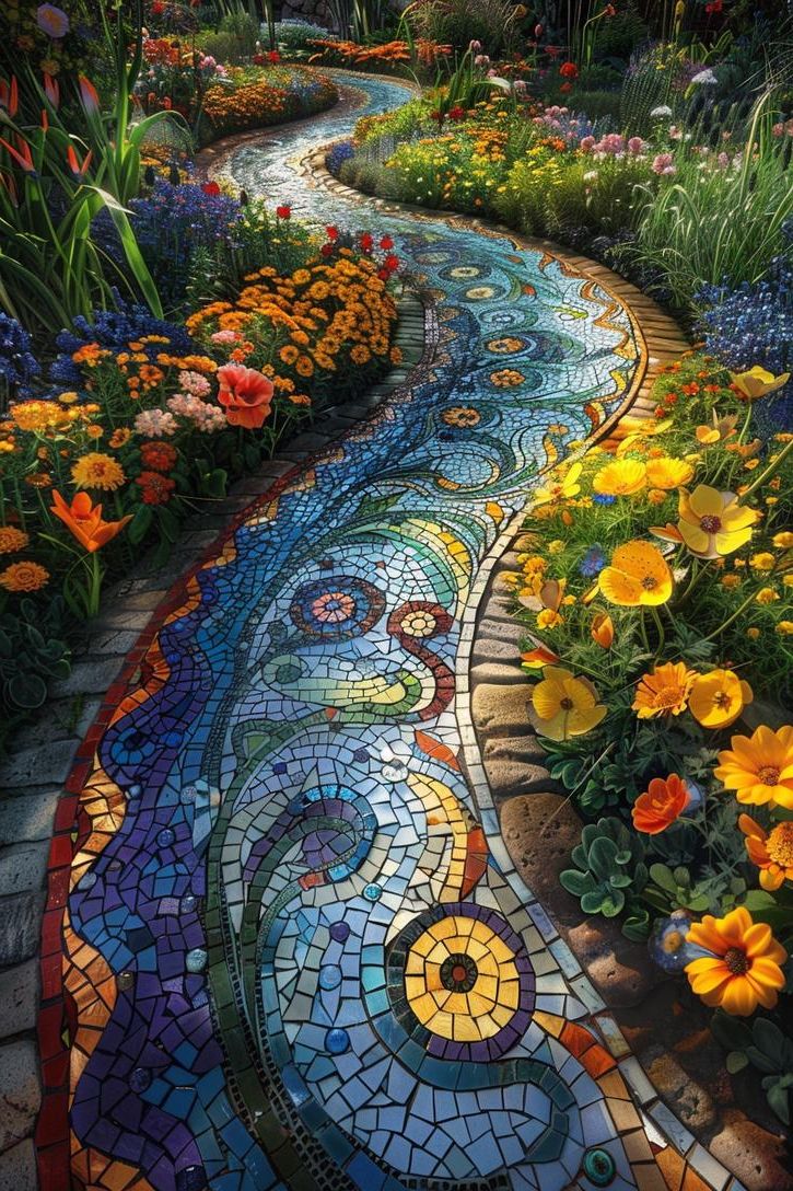 2. Mosaic Pathway Bursting With Flowers