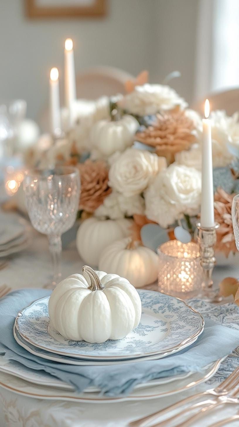 16. Coastal Table With Soft Blues and White Pumpkins