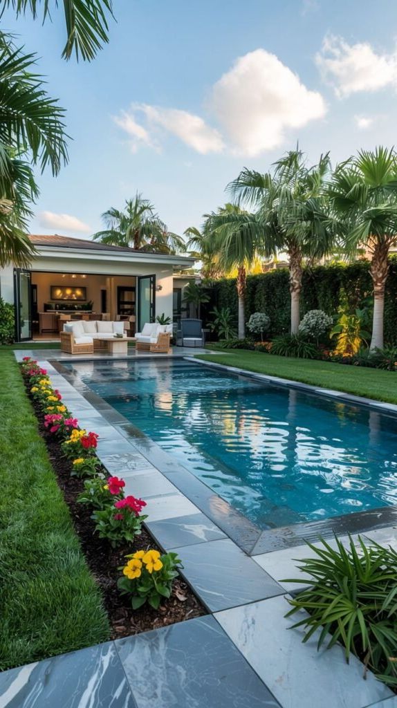 1. Rectangular Pool Framed by Palms and Bright Blooms