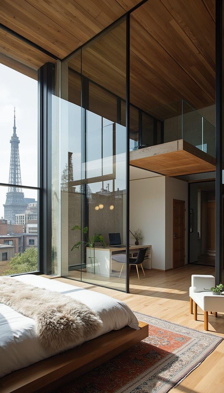 15. Sleek Glass-Partitioned Loft Design