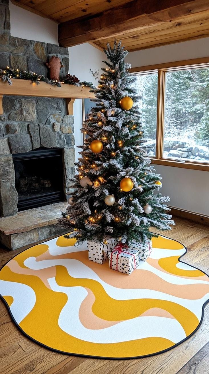 12. Yellow and pink boomerang pattern tree skirt