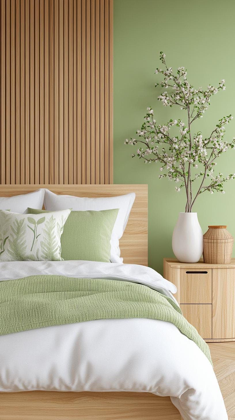 25. Wabi-Sabi Bedroom with Sage Green Slatted Walls