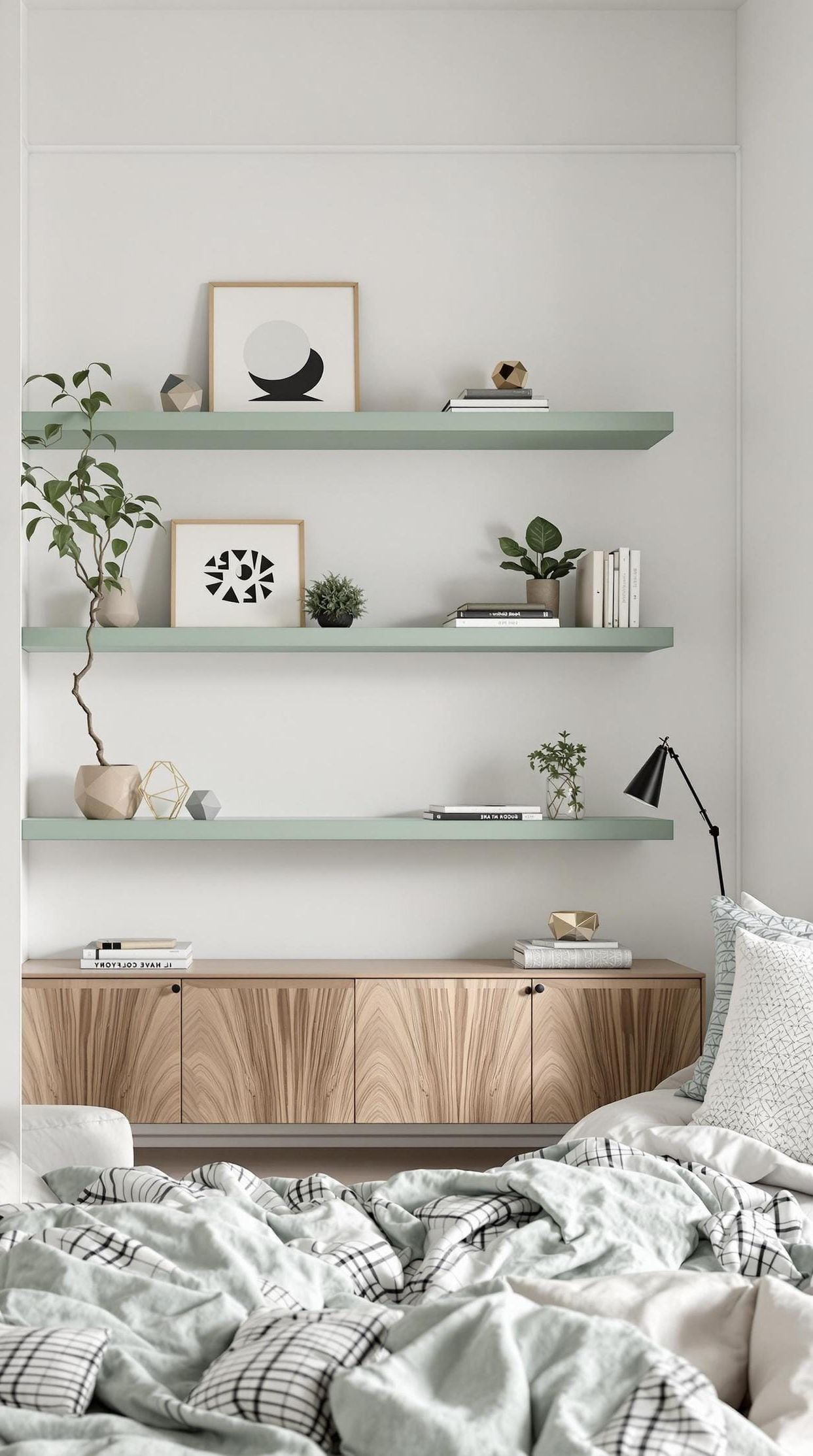 17. Minimalist Bedroom with Floating Sage Green Shelves - photo 2