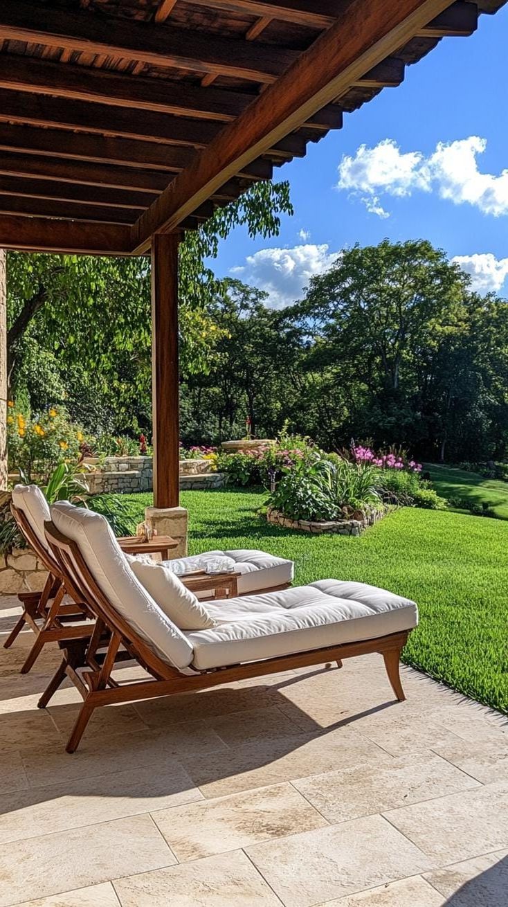 35. Stone Tile Patio with Pergola and Garden Views