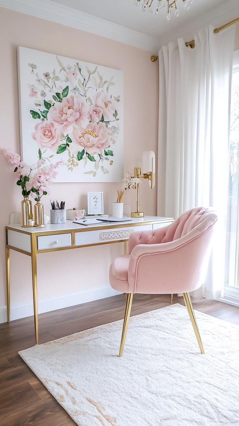 12. A Feminine Touch: Elegant Office Decor with Flowers and Pastel Colors