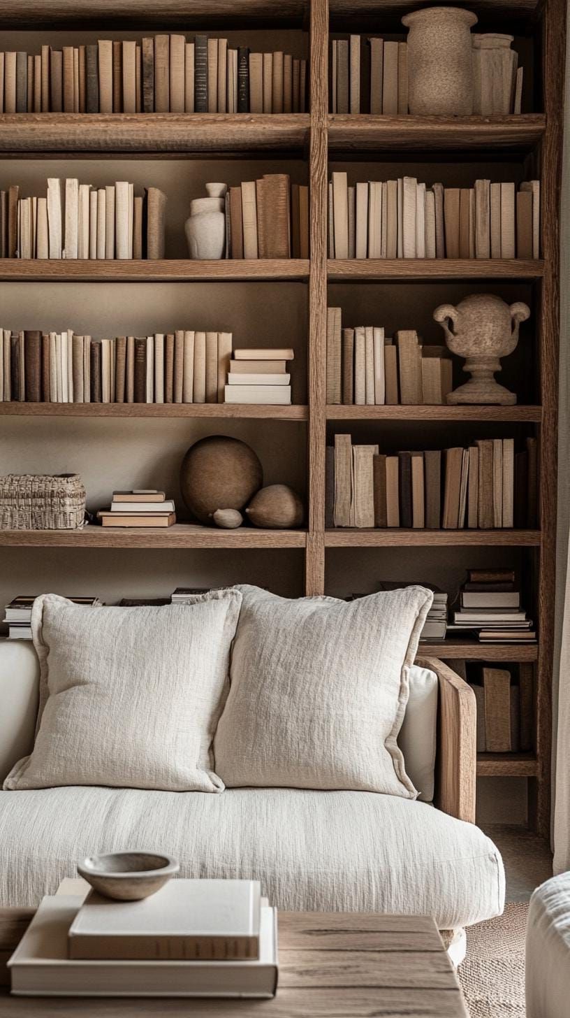 21. Tiered Wood Bookshelves With Neutral Decor