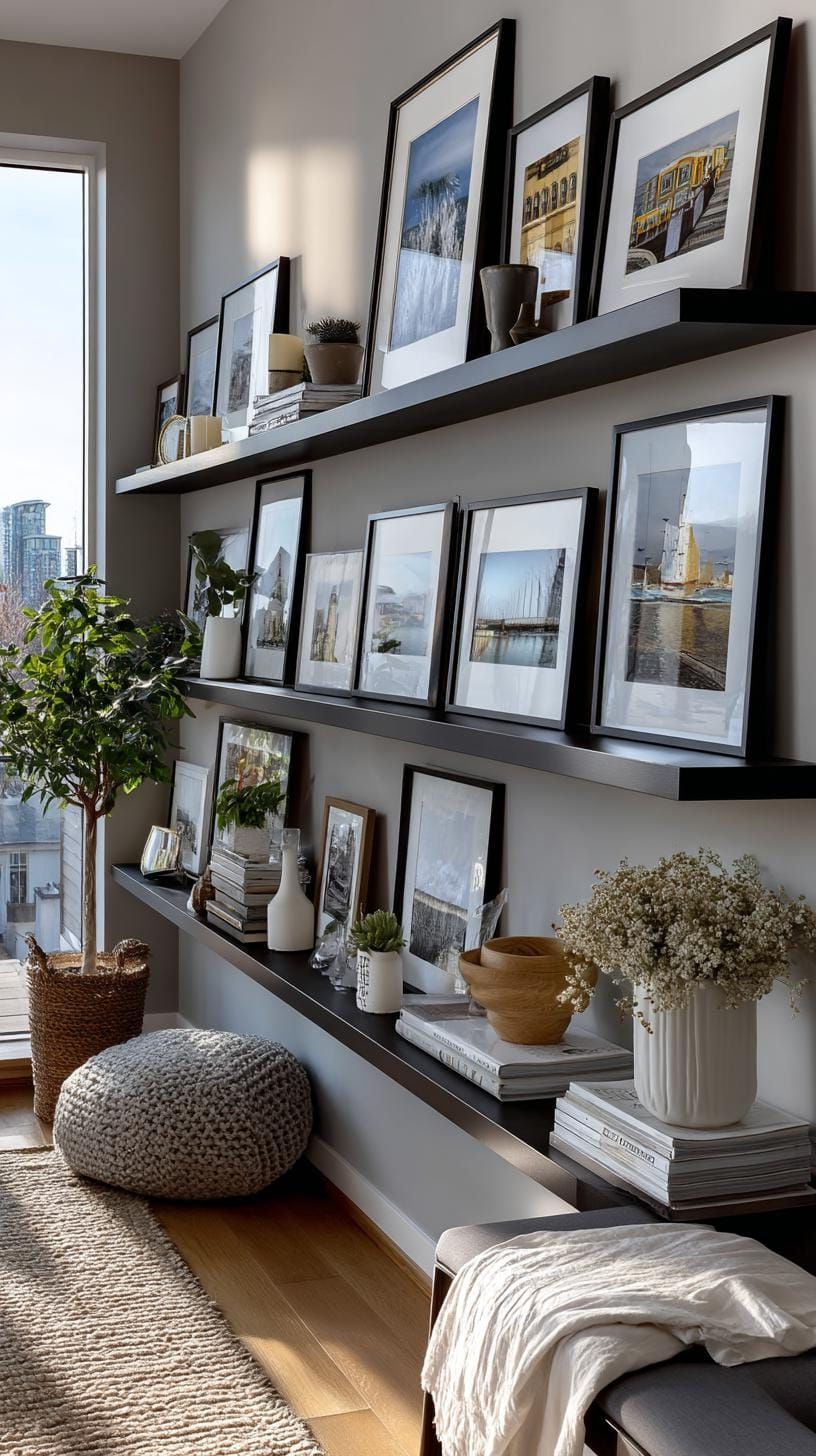 7. Leaning Frames on a Floating Shelf Ledge