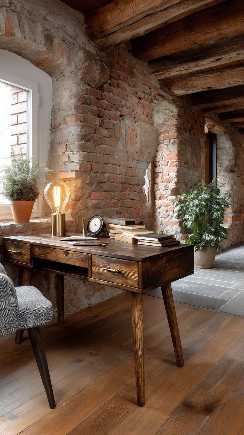 9. Rustic dark wood desk with vintage-style lighting - photo 2