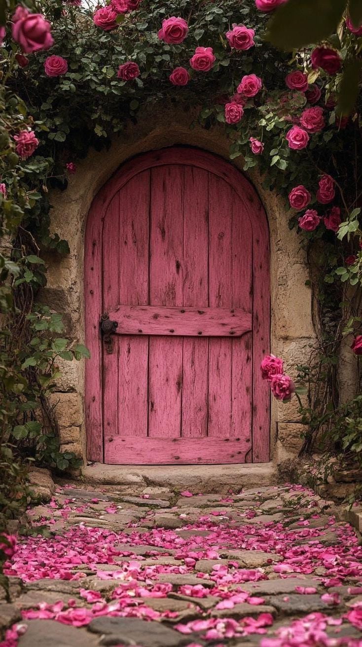 2. Weathered pink door surrounded by climbing roses - photo 2