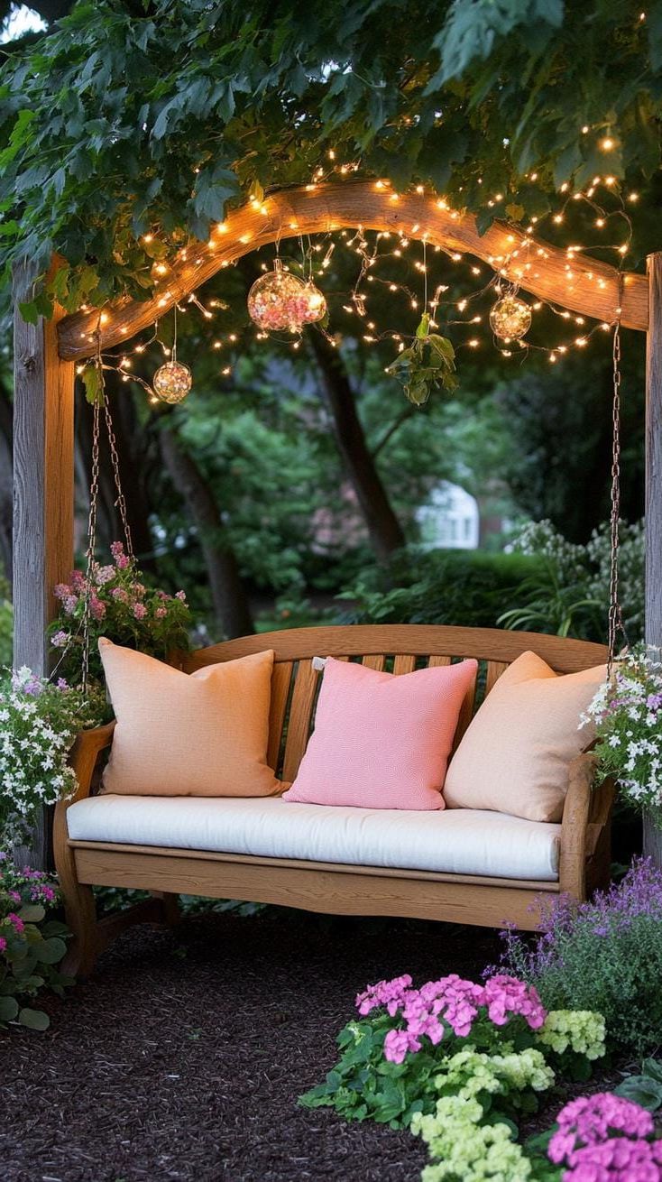 28. Fairy Lights Wrapped Around a Garden Bench