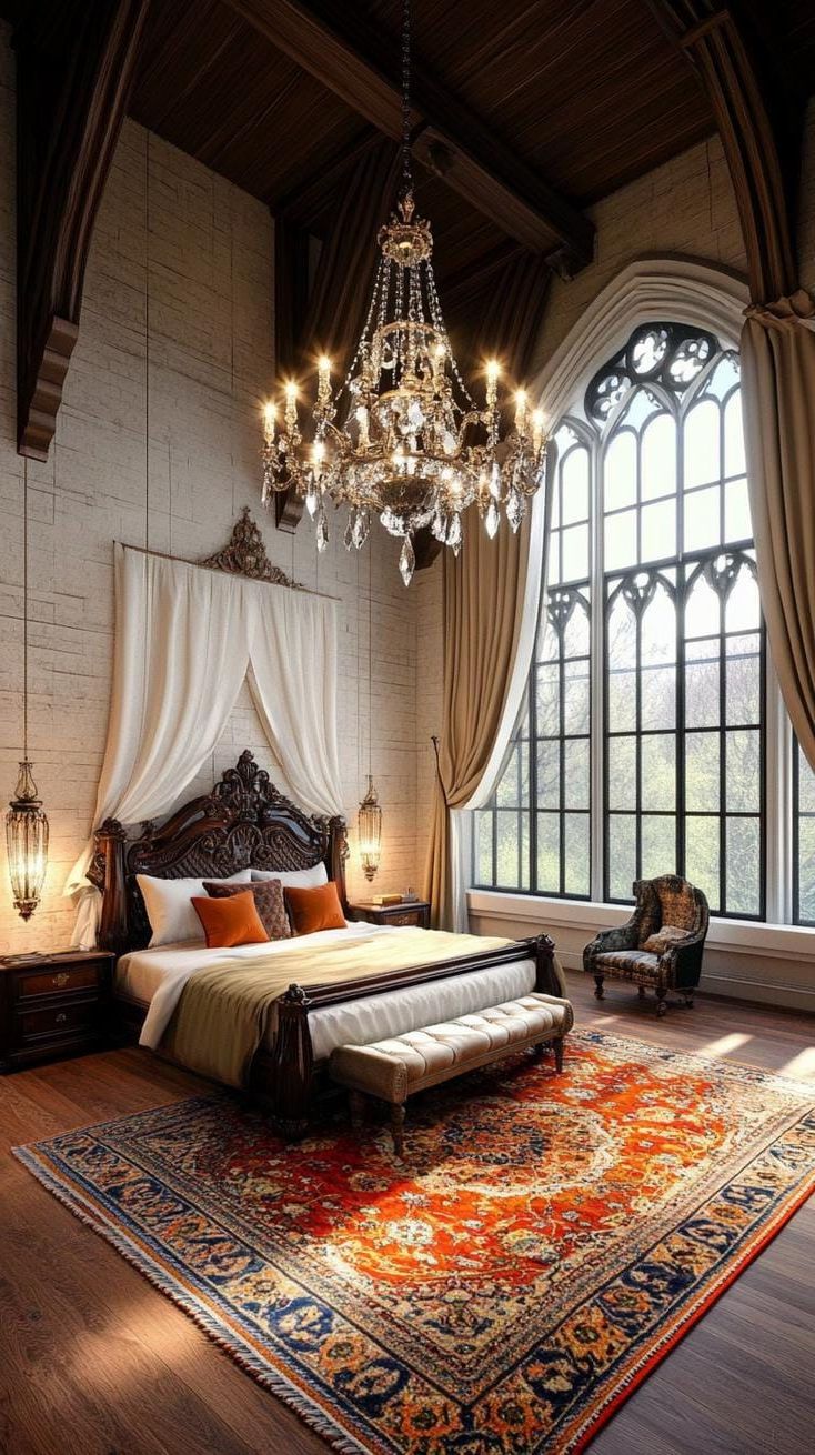 5. Crystal Chandelier Over A Dark Wood And Iron Bed - photo 3