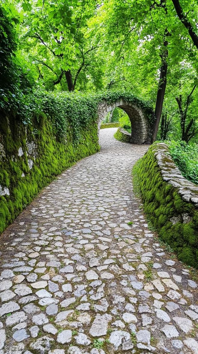 10. Moss-lined stone path winding through the garden