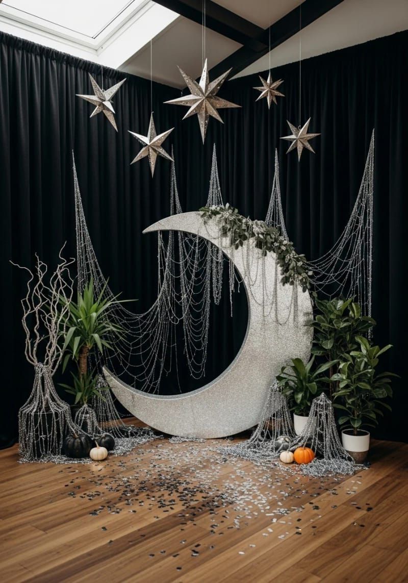 4. Crescent Moon Photo Booth with Silver Cobwebs