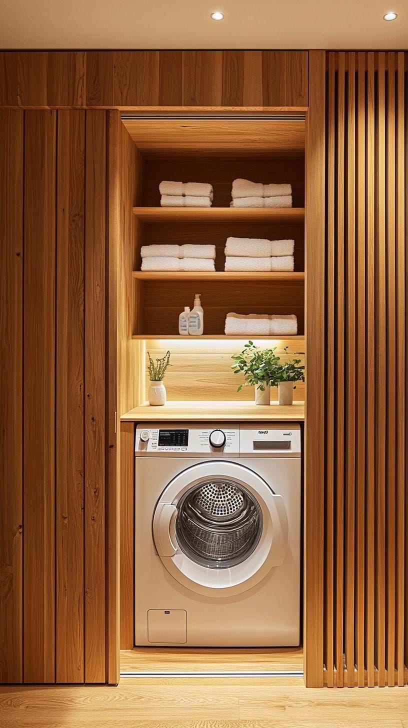 7. Hidden laundry closet behind sliding slatted wood doors