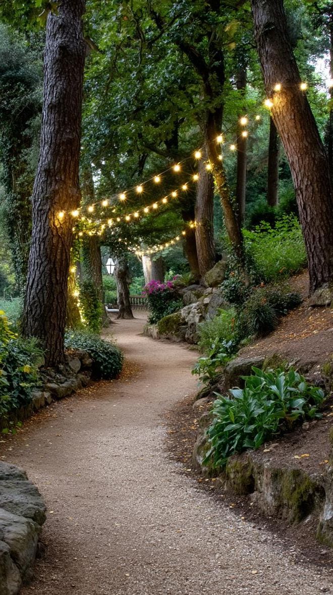 19. Fairy lights lighting up a garden walkway
