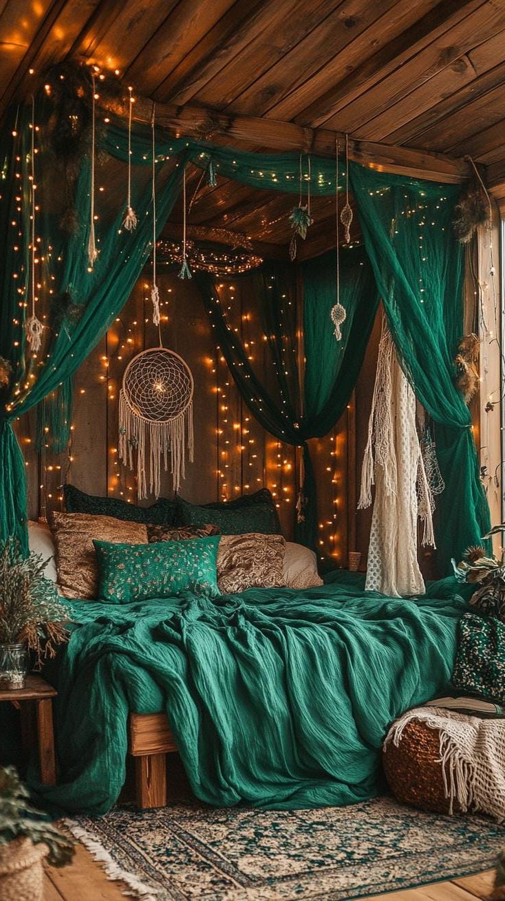 7. Canopy Bed With Drapes And String Lights