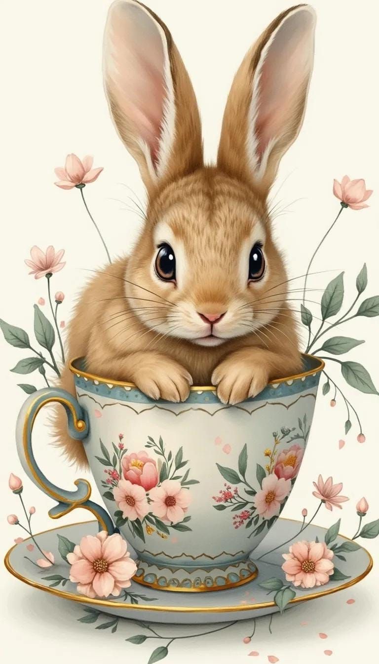 9. Bunny Sitting In Floral Teacup Art - photo 2