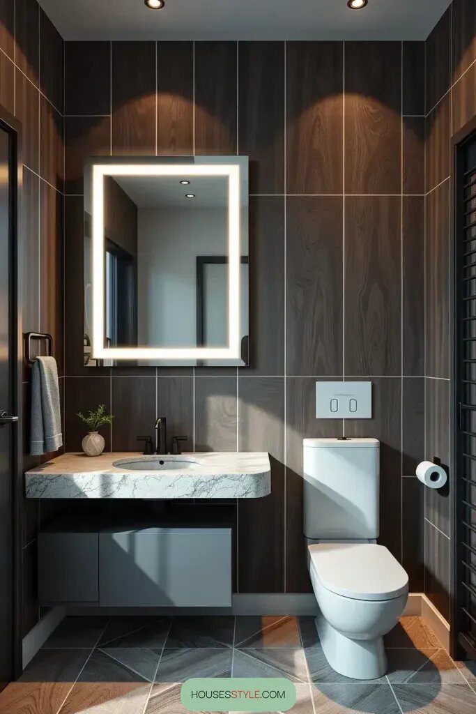 Smooth Wood Tile Walls for a Modern Bathroom