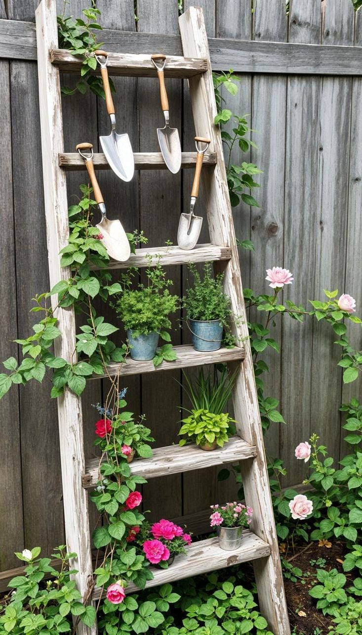 3. Hang Garden Tools on a Distressed Wooden Ladder - photo 2