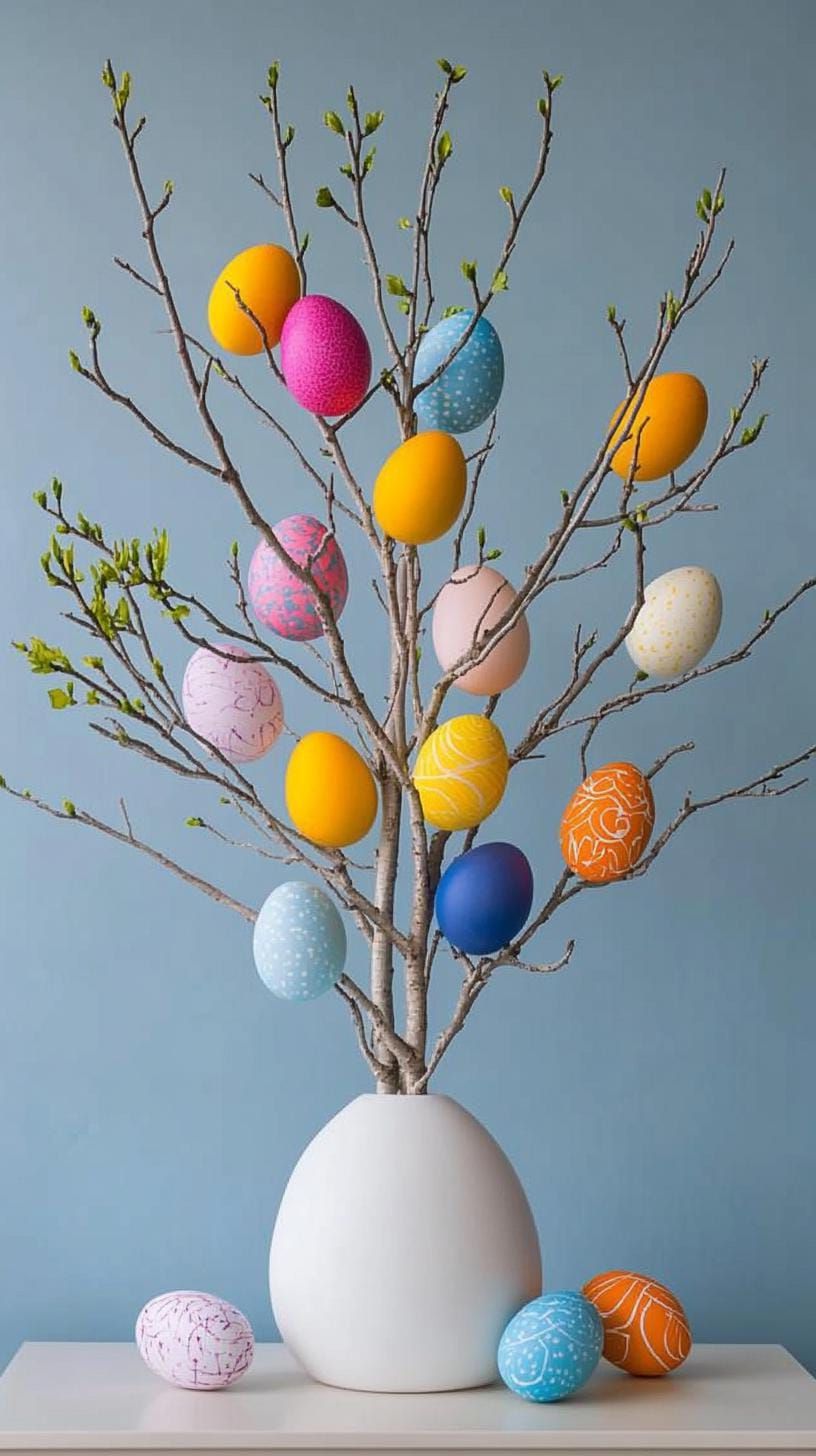 13. Minimalist Easter Tree With Painted Eggs