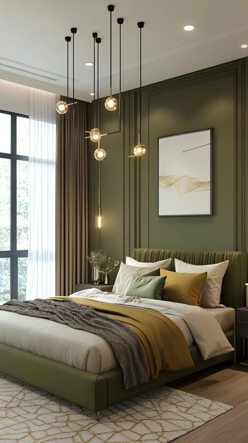 5. Modern Olive Green Bedroom with Gold Accents - photo 2