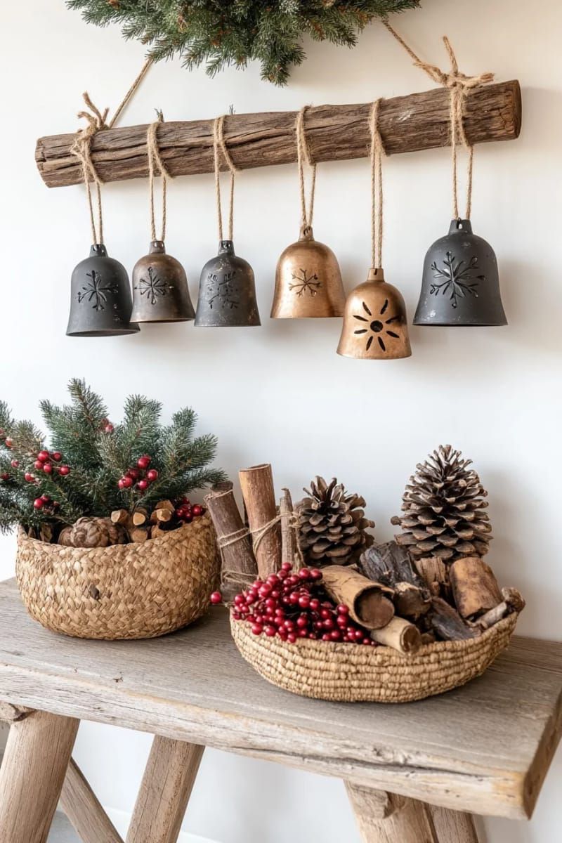 23. Large jingle bells over a reclaimed wood table