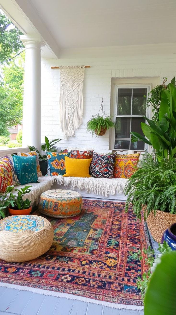 7. Colorful Pillows and Classic Rugs for a Cozy Porch