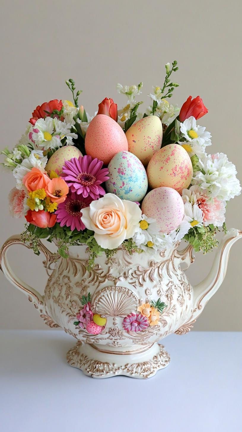 2. Vintage Teapot With Easter Eggs And Flowers - photo 2