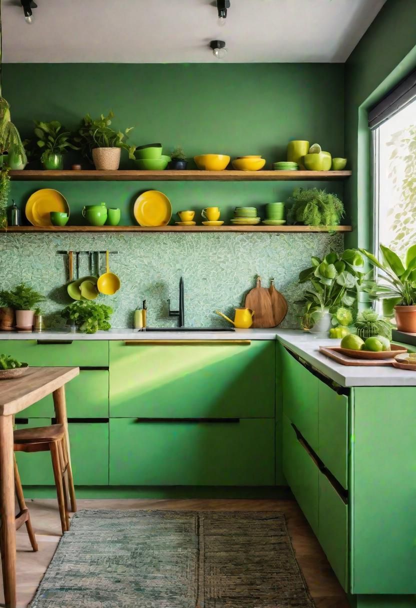 8. Lime Green Cabinets with Wood Shelving