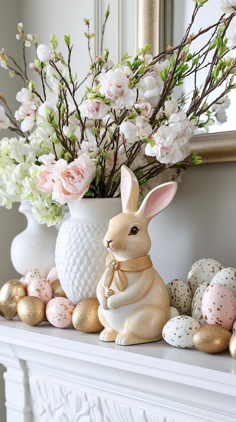 3. Neutral-Toned Easter Mantel With Bunny Figurines