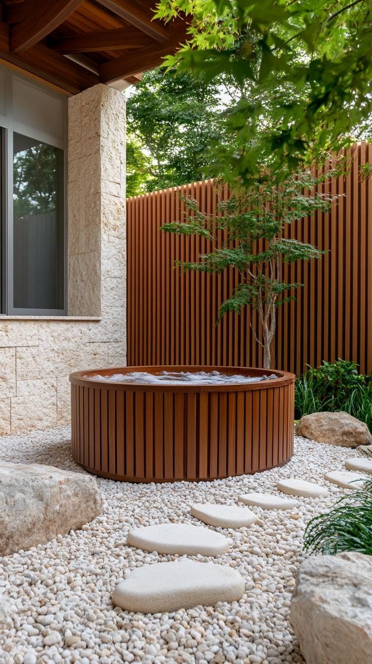 11. Japanese-inspired wood and rock hot tub setup