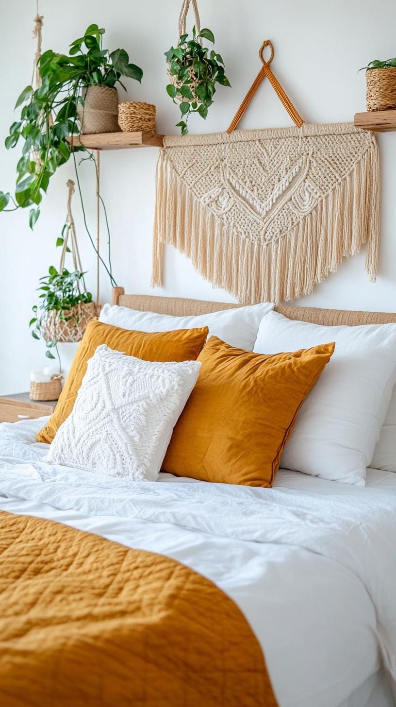 2. Boho style with woven hangings and greenery