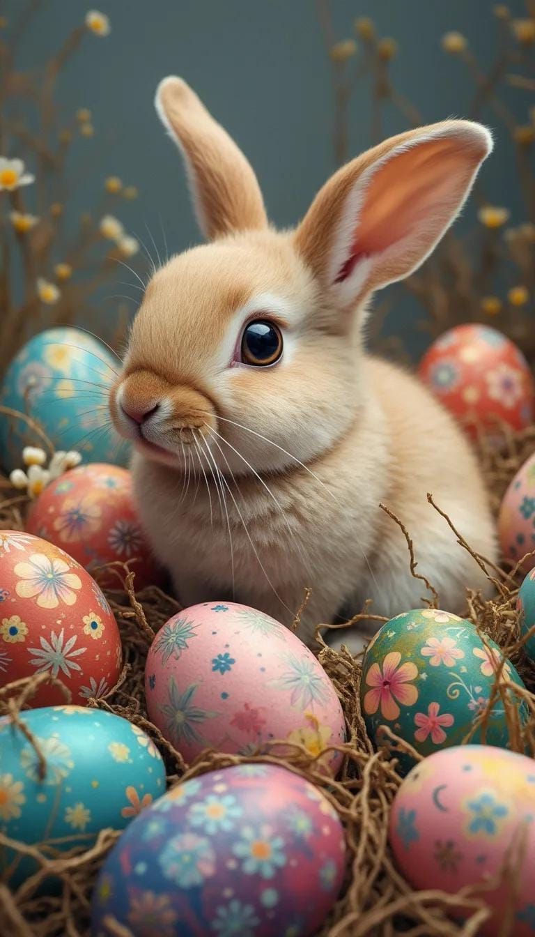 19. Whimsical Bunny Among Painted Easter Eggs