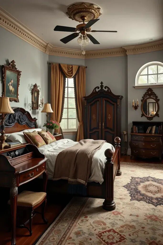 Rich Woods and Vintage Decor for a Cozy Bedroom
