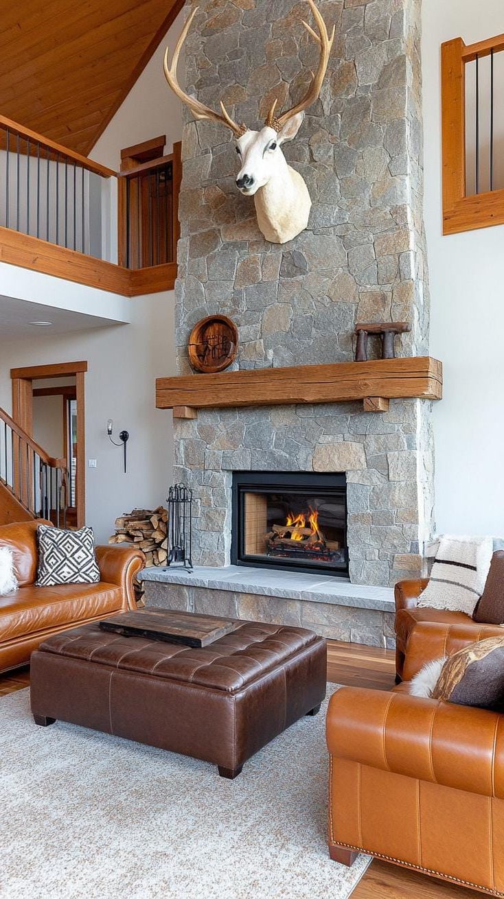 7. Stone Fireplace With Leather Seating