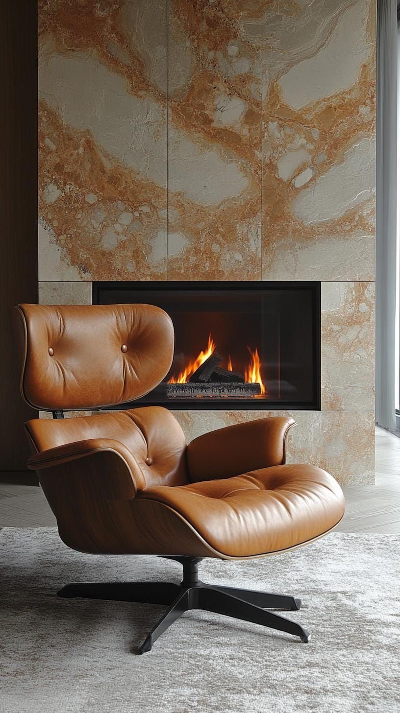 1. Stone-clad floor-to-ceiling fireplace with modernist leather lounge chair - photo 2