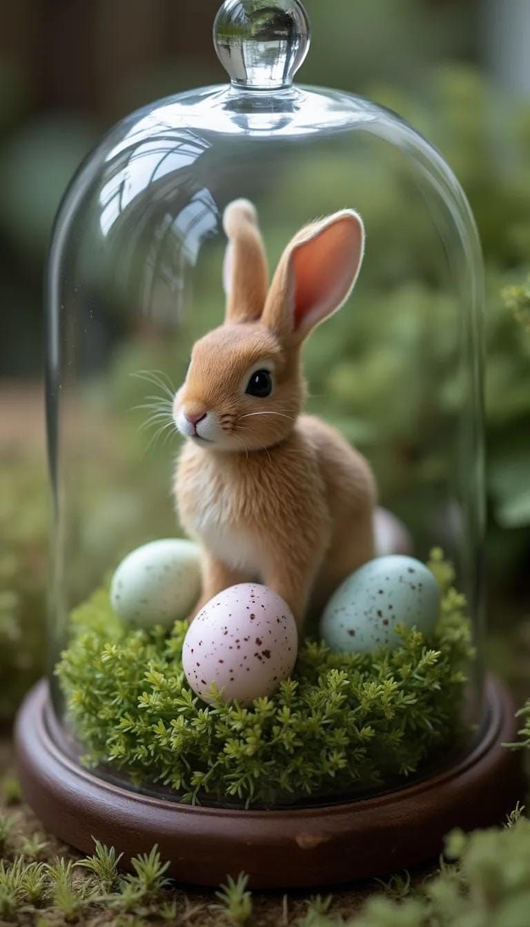 3. Glass Cloche Bunny Scene With Moss