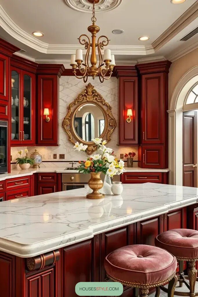 Red Cabinets Paired with Marble Countertops - photo 2
