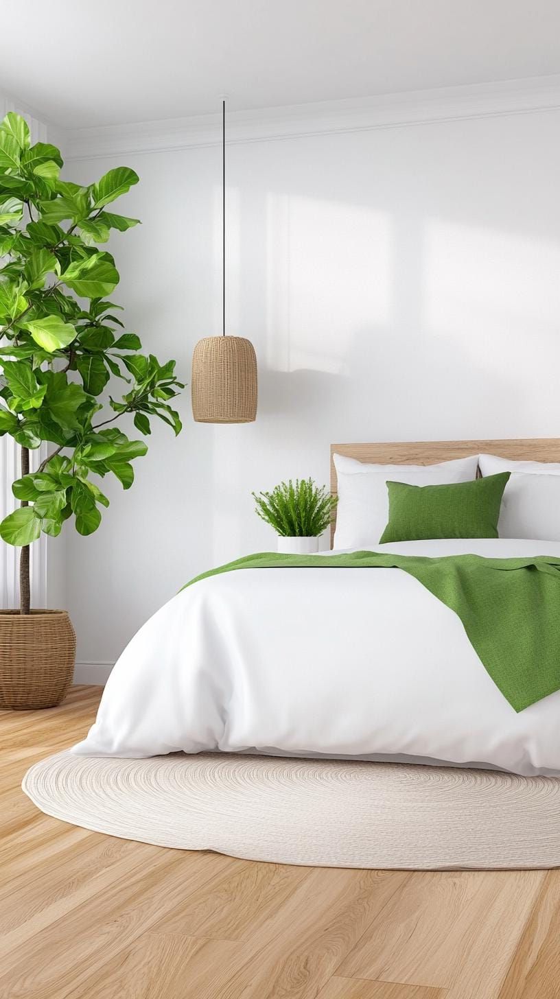 4. Minimalist white walls with green plant accents