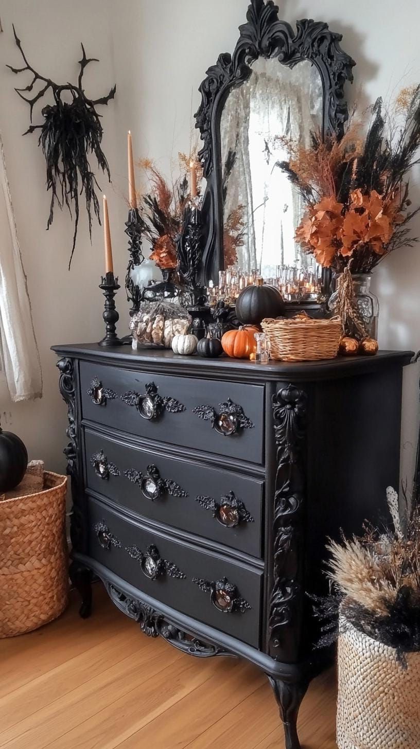 7. Carved Vintage Dresser Topped With Crystals And Baskets - photo 3