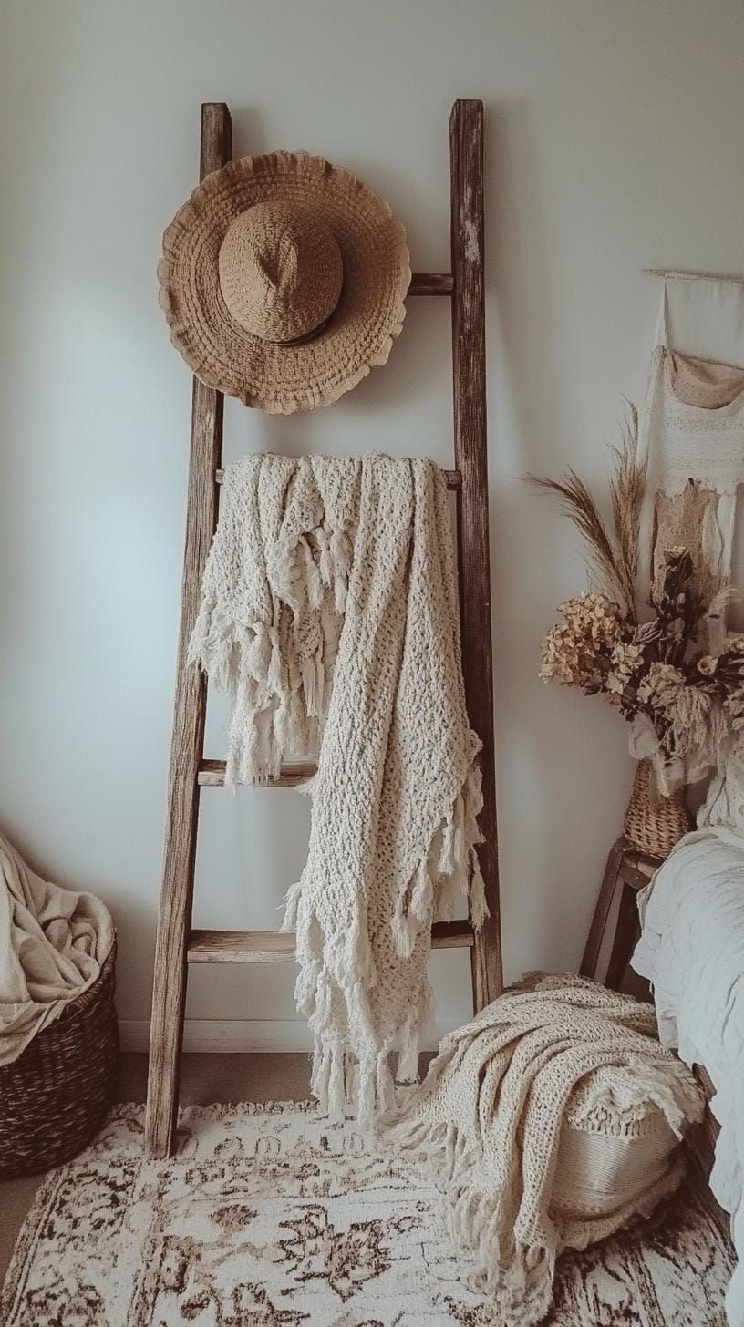 6. Vintage Wooden Ladder as Blanket Rack - photo 2