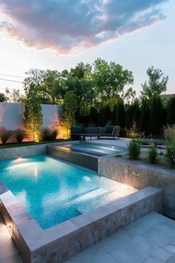 3. A Contemporary Yet Cozy Semi Inground Pool with Stylish Lights
