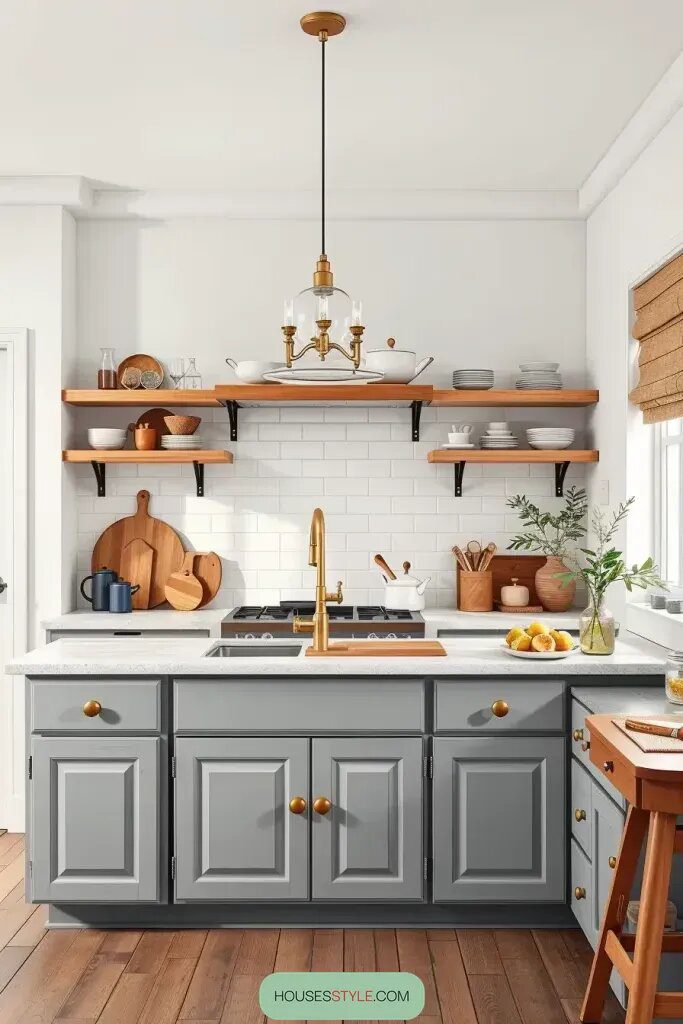 Gray Cabinets and Open Shelves for a Cozy Feel
