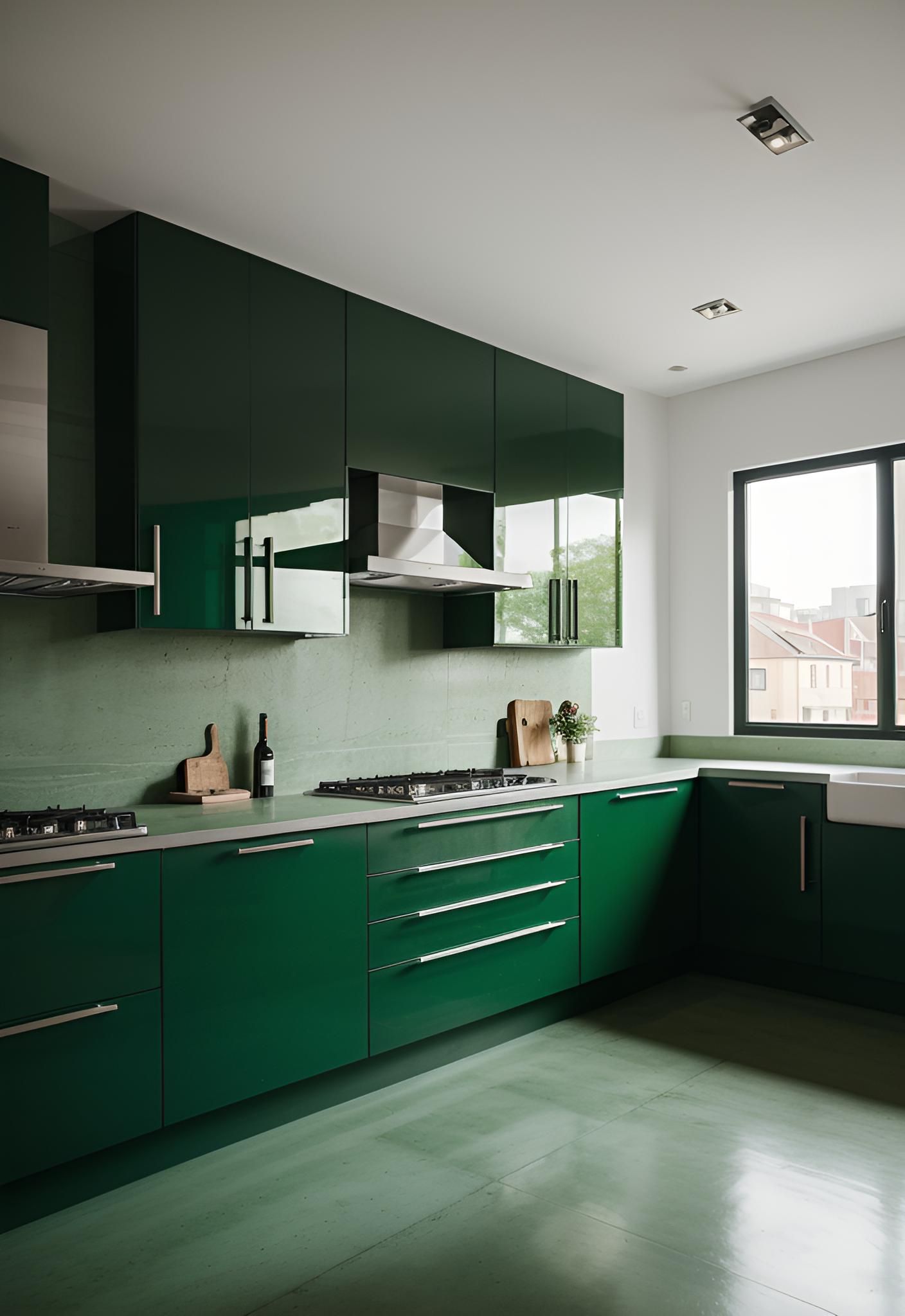 29. Racing Green Cabinets with Concrete Counters