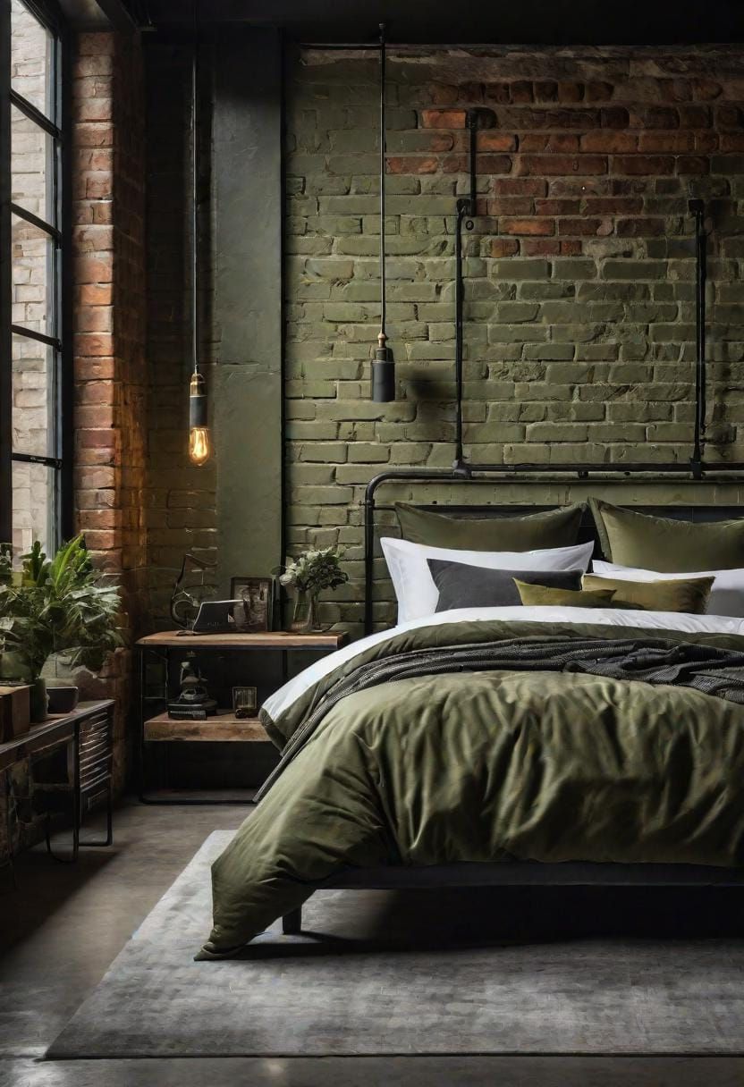 9. Olive Green Industrial Bedroom with Exposed Brick